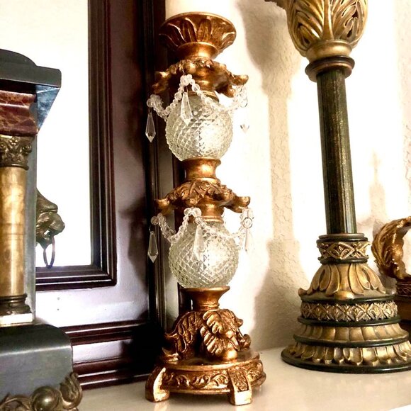 NWT ALEXANDRA'S ACCENTS Pair Antique Gold Cut Crystal Pillar Candle Holders 15" - Picture 5 of 10